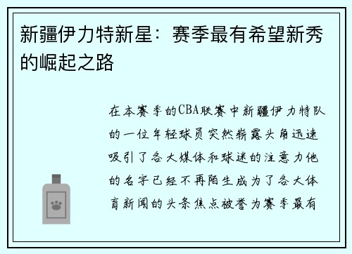 新疆伊力特新星：赛季最有希望新秀的崛起之路